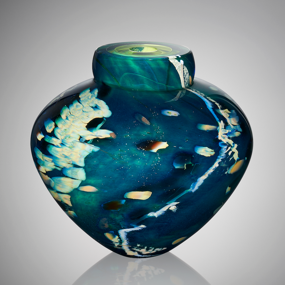 Atlantis Emperor Bowl a water lily inspired coloration in a blown glass bowl with cut and polished lip